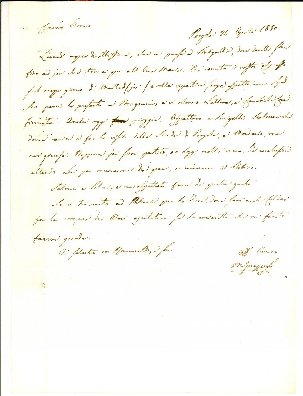 Manoscritto, lettera originale 1850 PERGOLA Nobile Marcantonio GUAZZUGLI attende di partire per Urbino 1