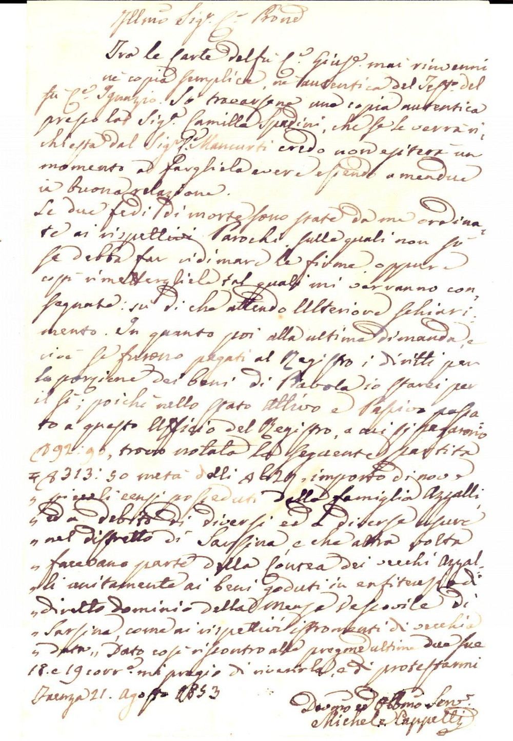 Manoscritto, lettera originale 1853 FAENZA Michele CAPPELLI sui censi posseduti dai conti AZZALLI Prefilatelica 1