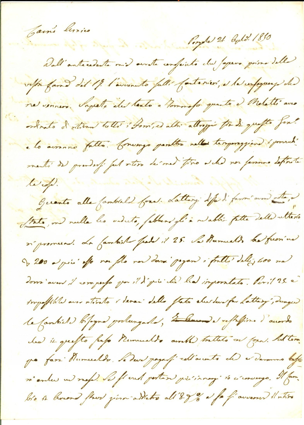 Manoscritto, lettera originale 1850 PERGOLA Nobile Marcantonio GUAZZUGLI non riceve il saldo di una cambiale 1