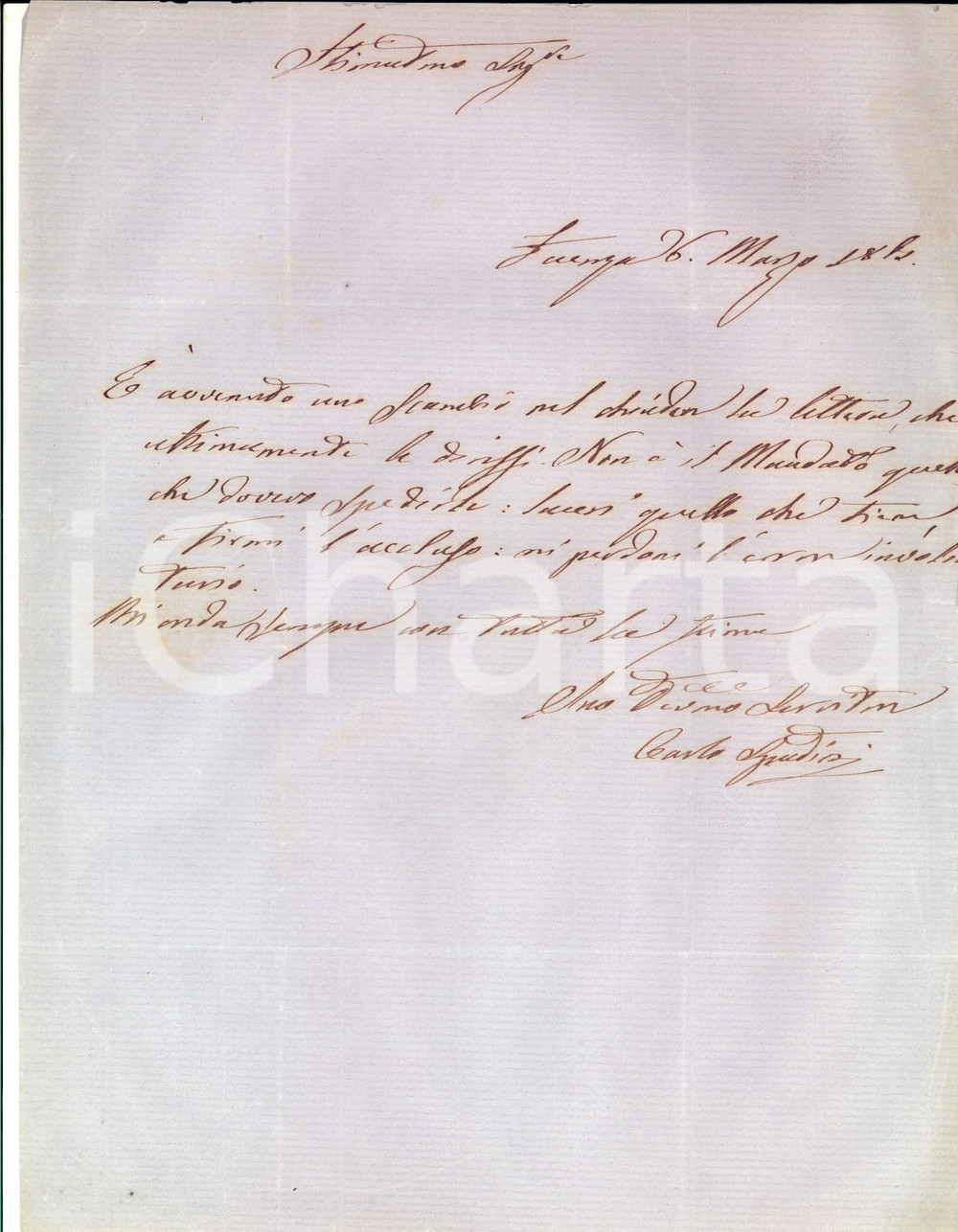 Manoscritto, lettera originale 1861 FAENZA Carlo SPADINI si scusa per un erronea spedizione di lettere 1