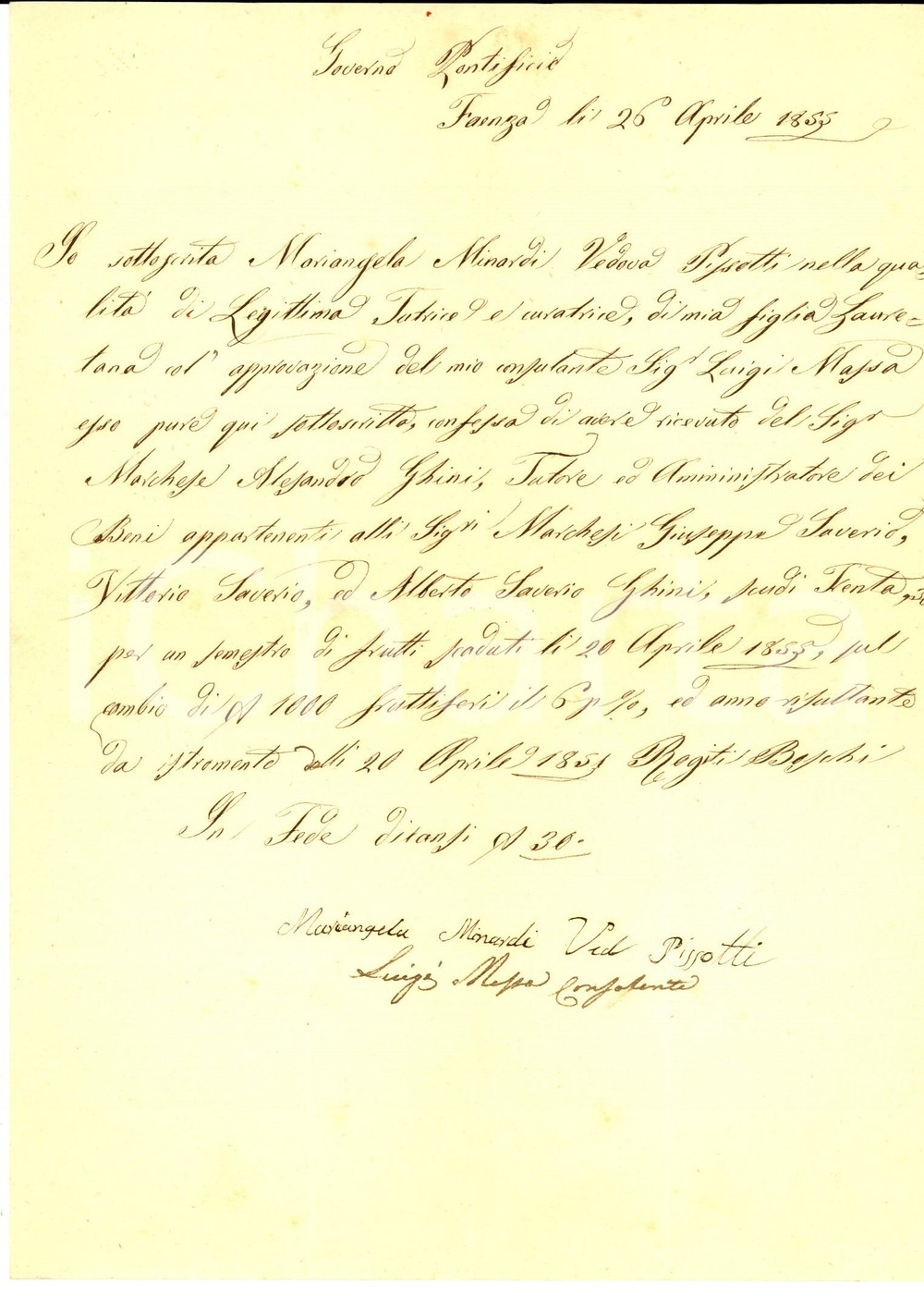 Manoscritto, lettera originale 1855 FAENZA Ricevuta vedova Margherita MINARDI al marchese Alessandro GHINI 1