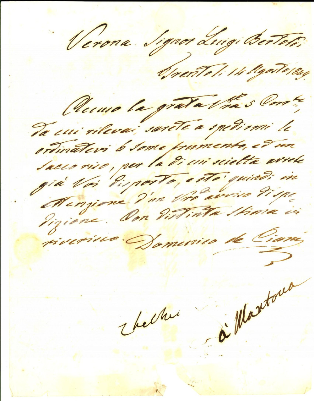 Manoscritto, lettera originale 1849 TRENTO Domenico DE CIANI ordina some di frumento a Luigi BERTOLDI 1
