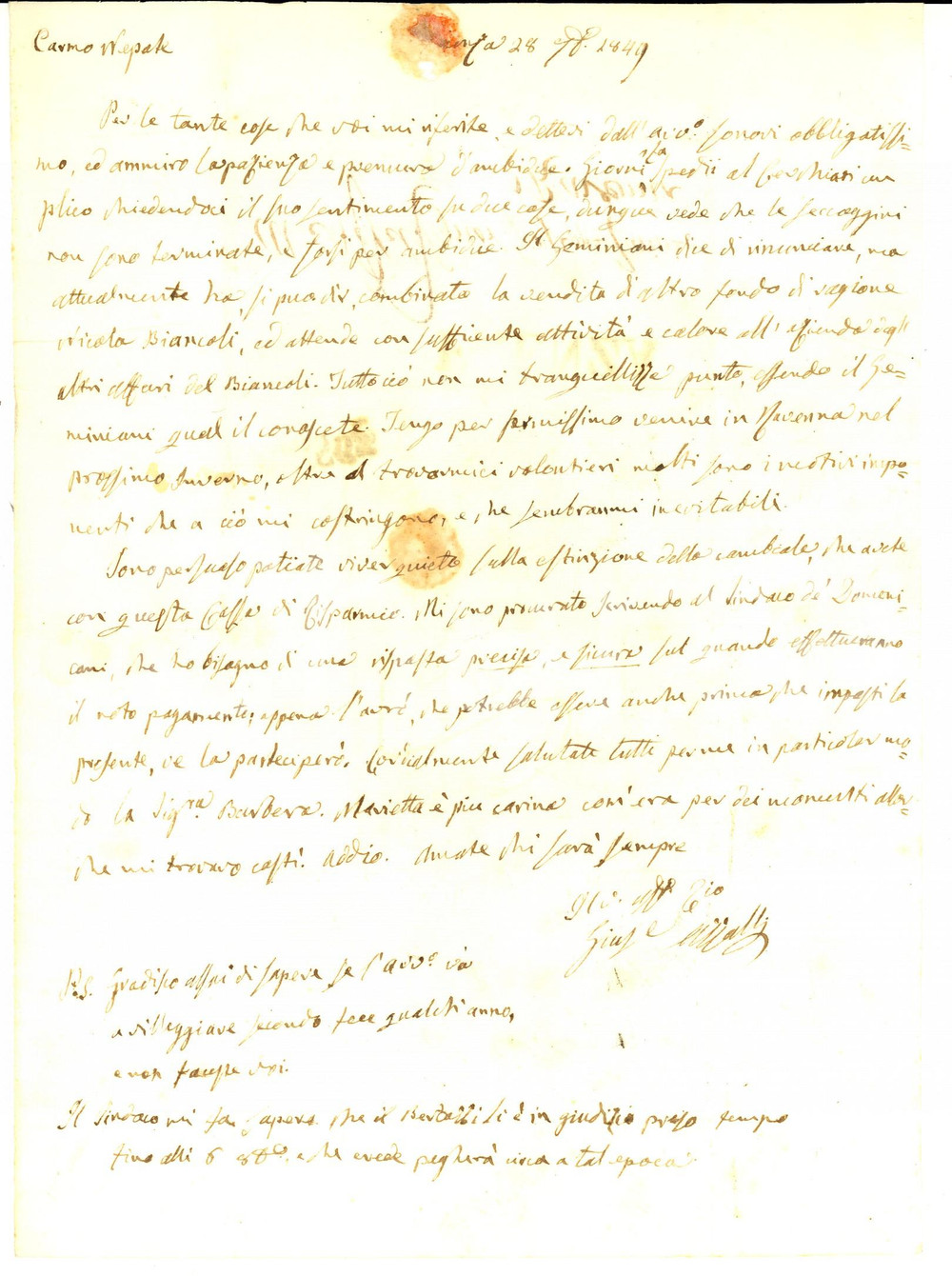 Manoscritto, lettera originale 1849 FAENZA Lettera nobile Giuseppe AZZALLI  al nipote su estinzione di cambiale 1