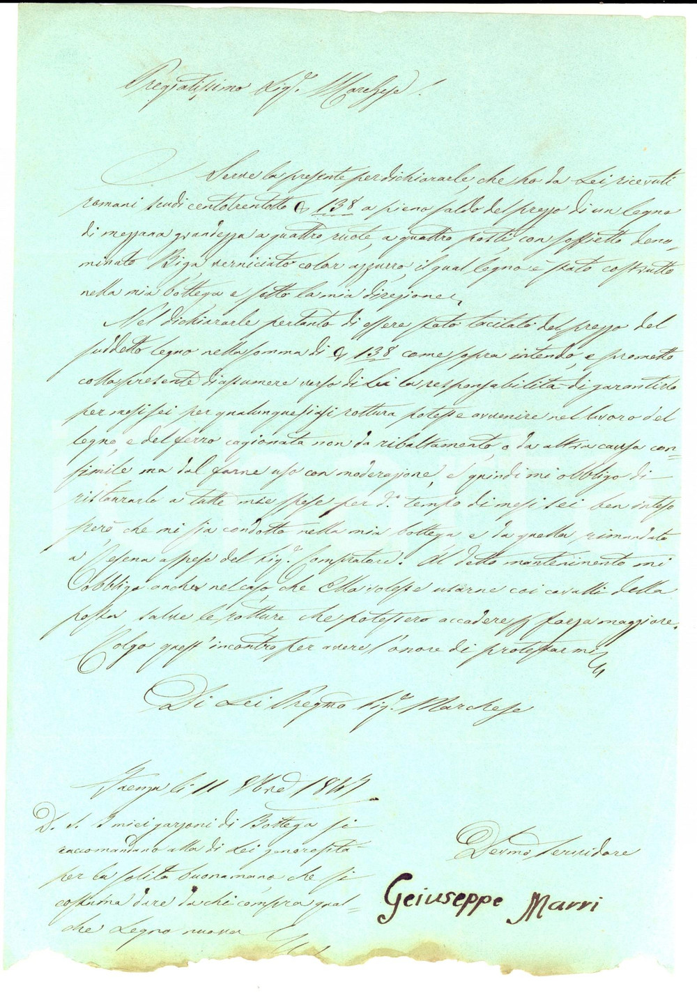 Manoscritto, lettera originale 1847 FAENZA RA Giuseppe MARRI riceve saldo di legno di mezzana Prefilatelica 1