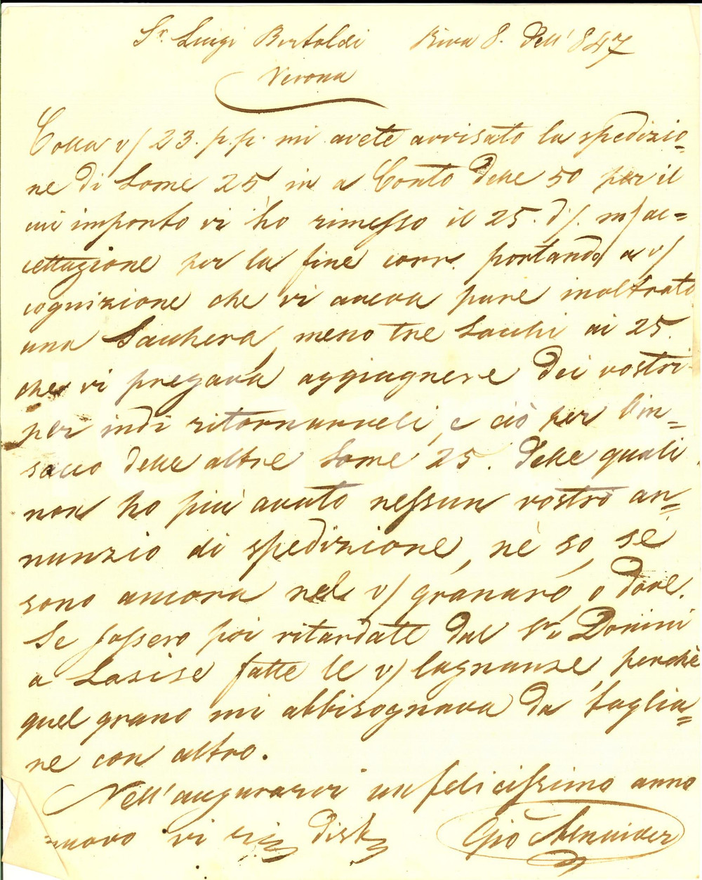 Manoscritto, lettera originale 1847 RIVA DEL GARDA Giovanni ALNAIDER irritato per il mancato invio del frumento 1