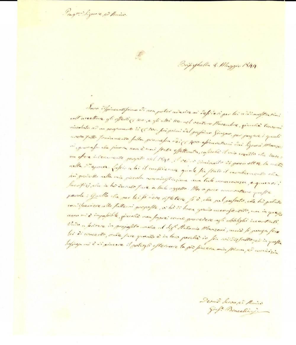 Manoscritto, lettera originale 1844 BRISIGHELLA Notaio Giuseppe BRACCHINI in credito verso famiglia MANZONI 1