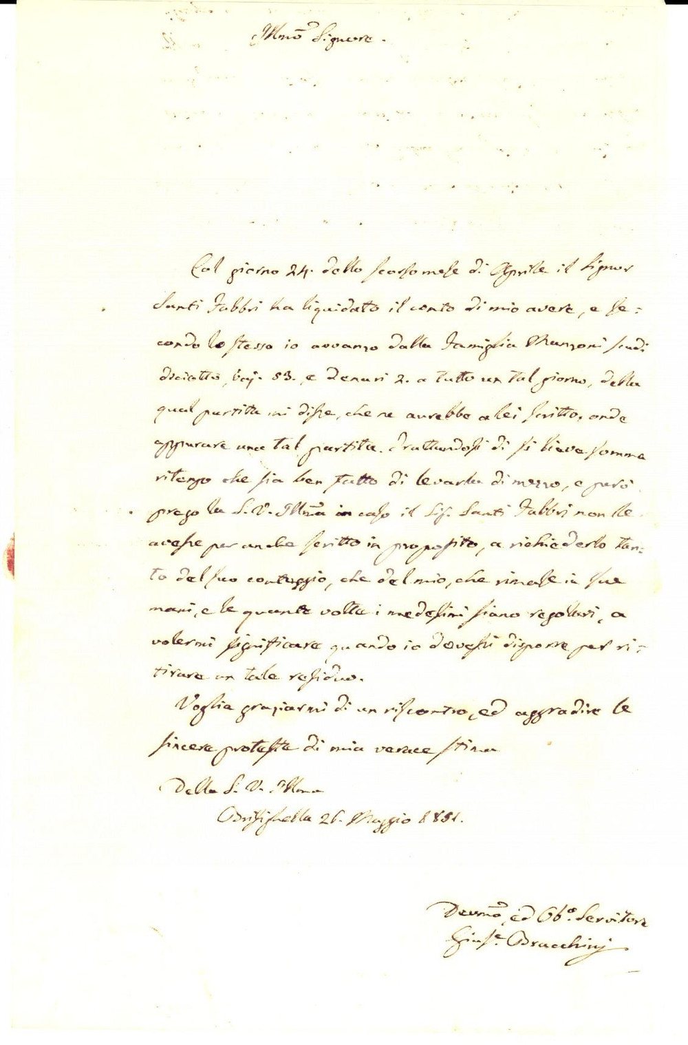 Manoscritto, lettera originale 1851 BRISIGHELLA RA Notaio Giuseppe BRACCHINI chiede saldo ad Antonio MANZONI 1