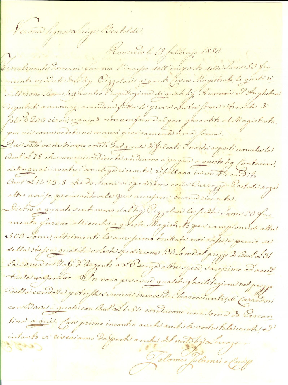 Manoscritto, lettera originale 1850 ROVERETO Lorenzo Giuseppe TOLOMEI incassa per vendita frumento a PIZZOLARI 1