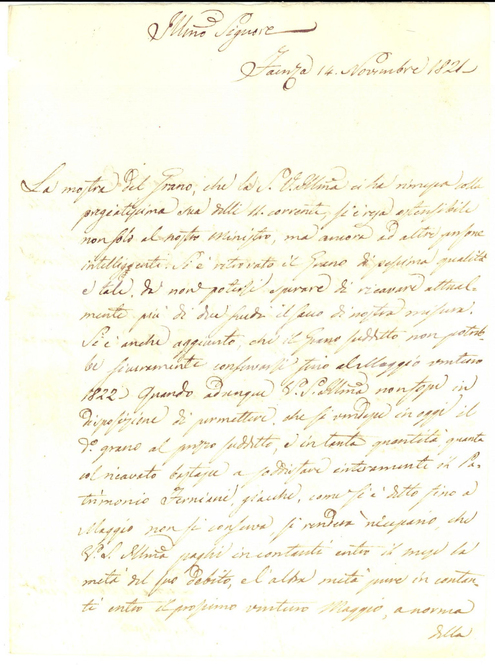 Manoscritto, lettera originale 1821 FAENZA Giuseppe BIANCOLI e Antonio MARGOZZI trovano pessimo grano 1