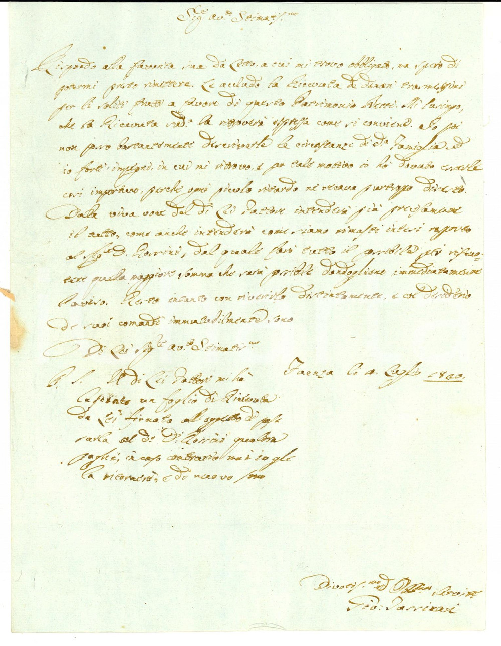 Manoscritto, lettera originale 1820 FAENZA Giovanni TASSINARI sulle cattive condizioni della famiglia BETTI 1