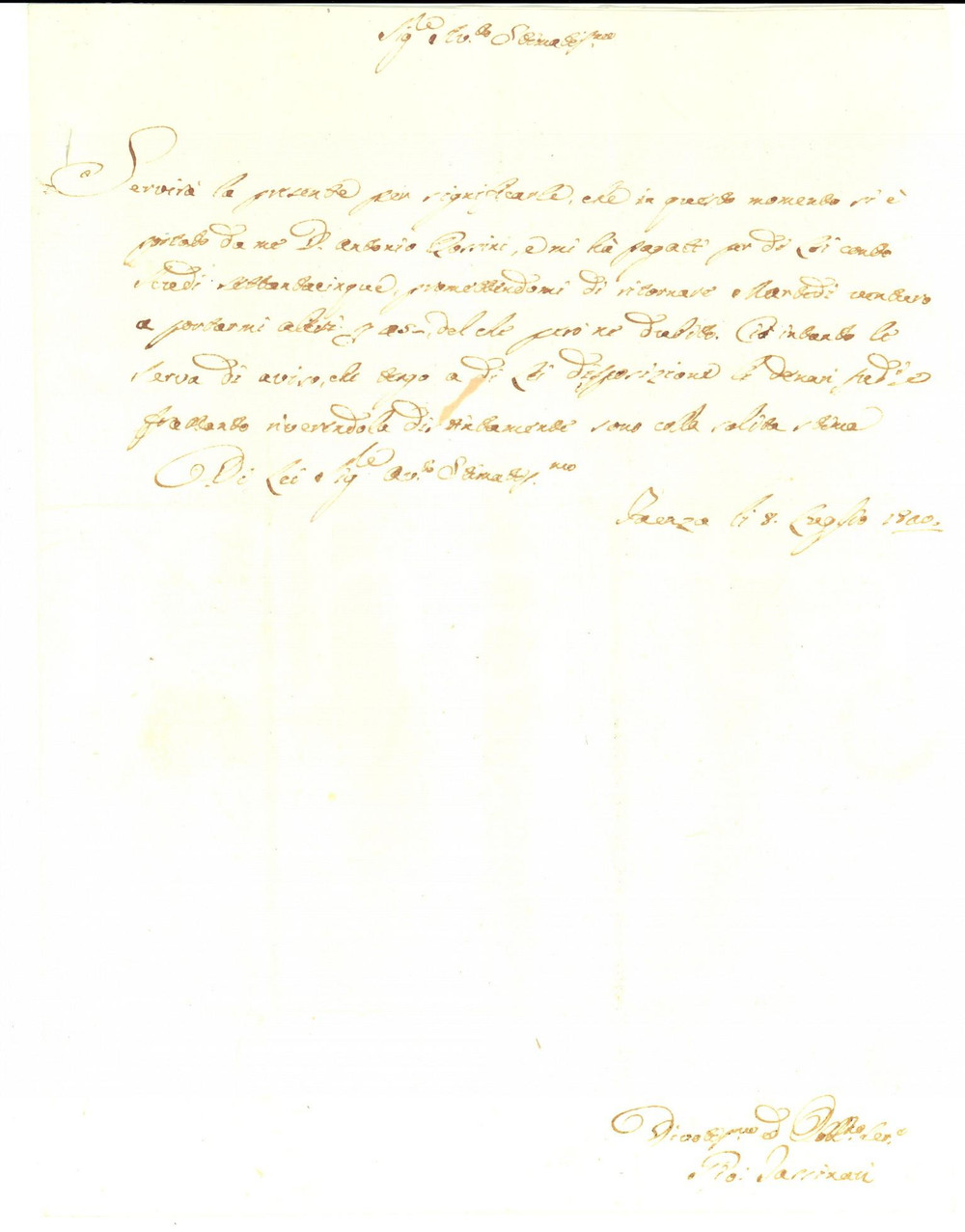 Manoscritto, lettera originale 1820 FAENZA Giovanni TASSINARI sul saldo di don Antonio ROSSINI Prefilatelica 1