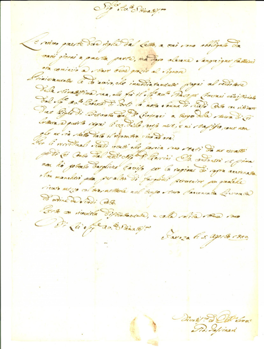 Manoscritto, lettera originale 1820 FAENZA Giovanni TASSINARI sui conti amministrativi pro Guido FABRI 1