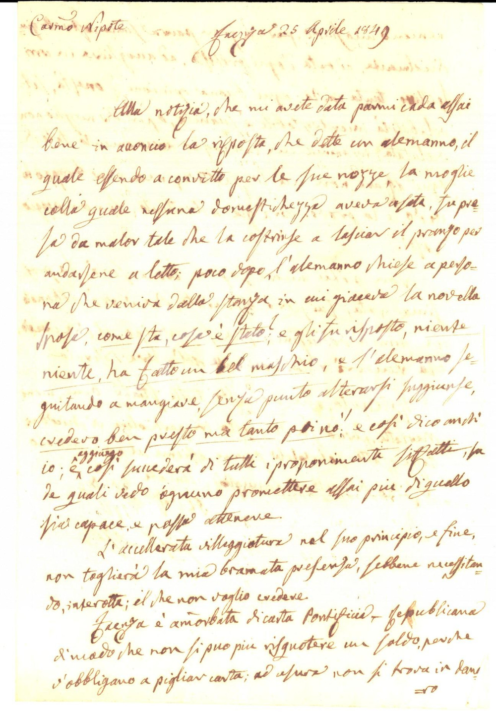 Manoscritto, lettera originale 1849 FAENZA Nobile Giuseppe AZZALLI come il tedesco ingannato dalla moglie 1