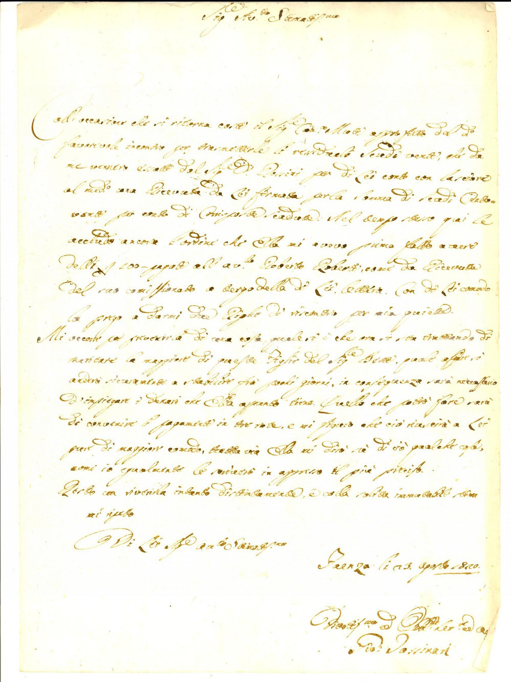 Manoscritto, lettera originale 1820 FAENZA Giovanni TASSINARI chiede saldo per giovane BETTI da maritare 1