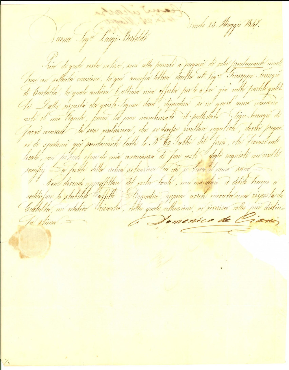 Manoscritto, lettera originale 1847 TRENTO Domenico DE CIANI e la sua ultima offerta per partita di gallette 1