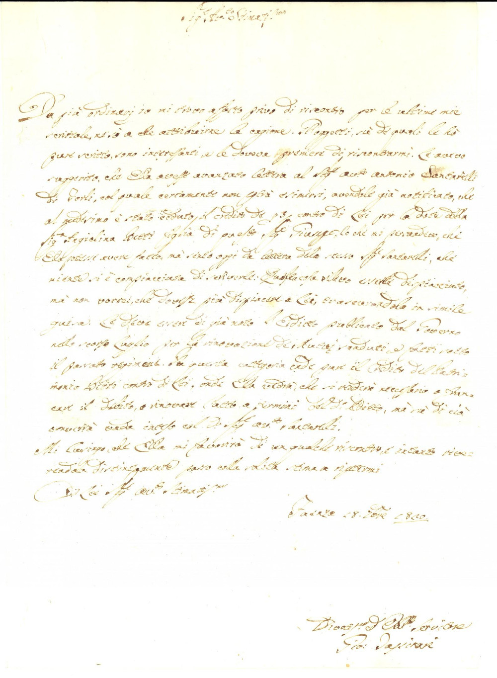 Manoscritto, lettera originale 1820 FAENZA Giovanni TASSINARI e la cessione di credito per dote Angiolina BETTI 1