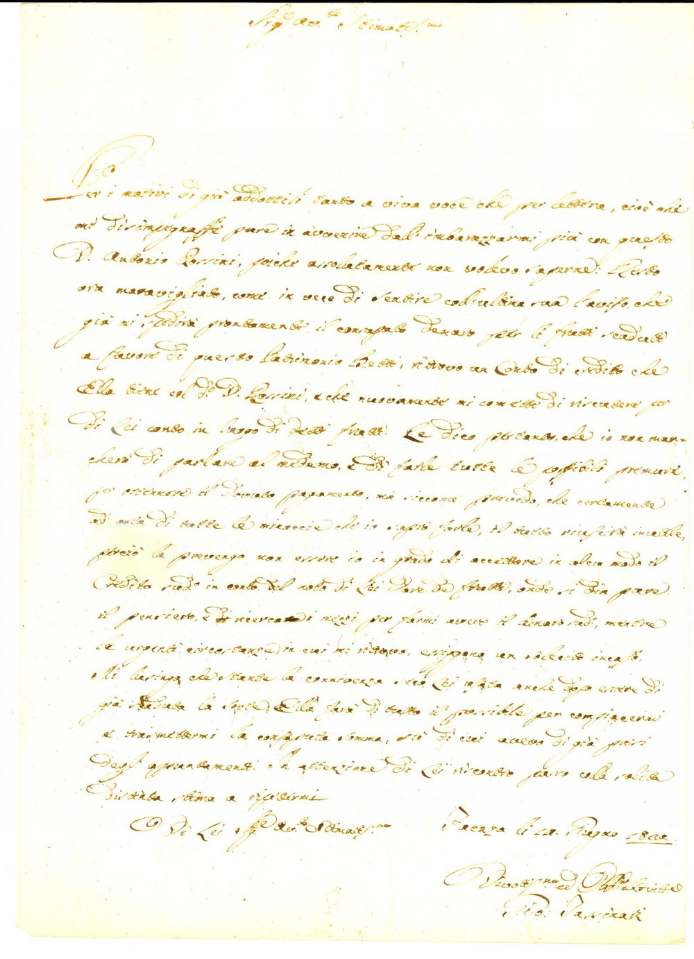 Manoscritto, lettera originale 1820 FAENZA Giovanni TASSINARI chiede il saldo dei frutti del Patrimonio BETTI 1