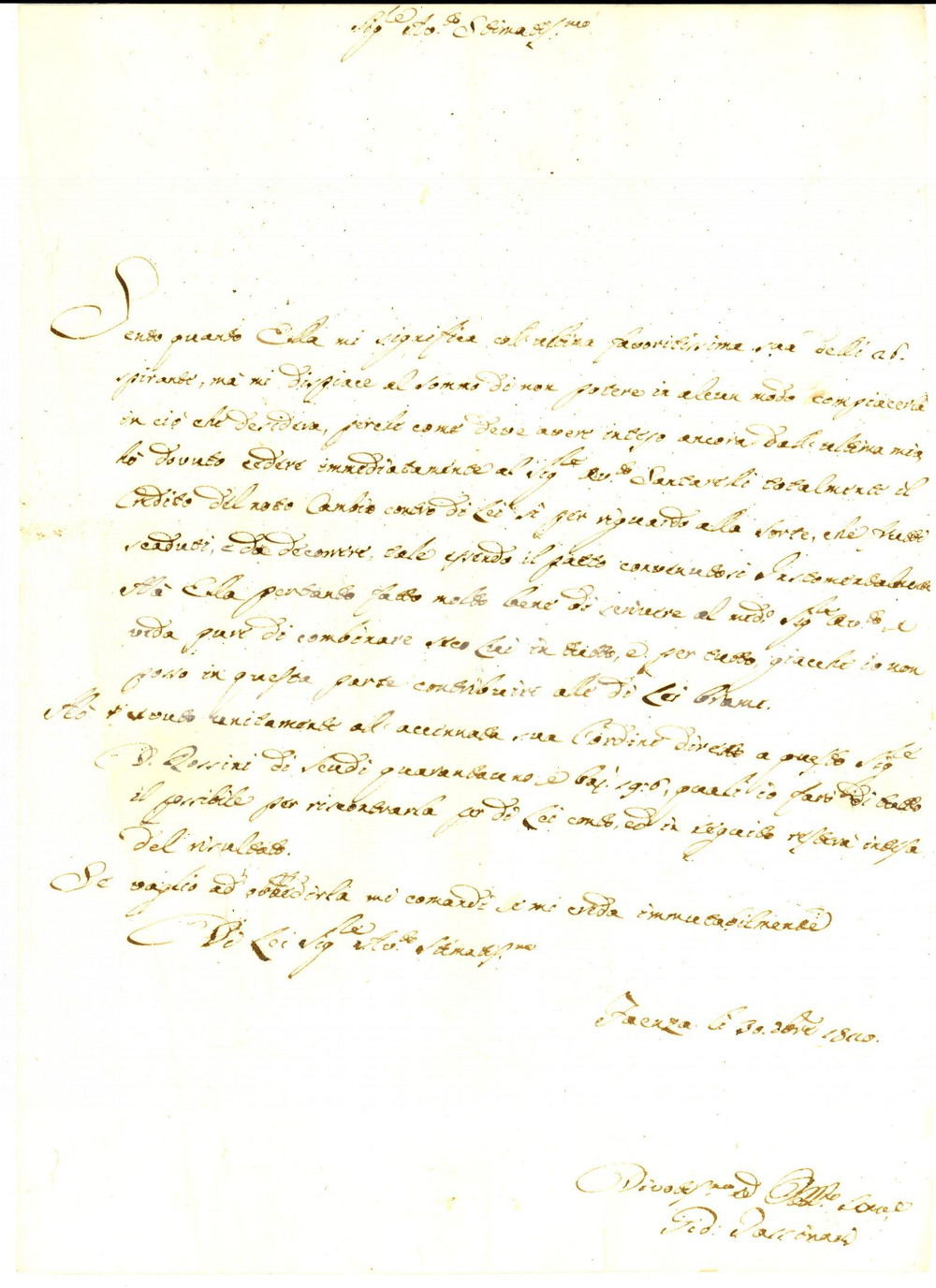 Manoscritto, lettera originale 1820 FAENZA Giovanni TASSINARI cede credito a SANTARELLI Prefilatelica 1