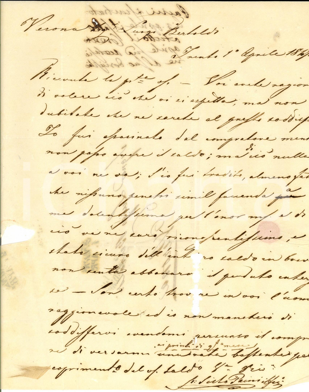 Manoscritto, lettera originale 1847 TRENTO Sisto PAINI tradito in una faccenda dolentissima Prefilatelica 1