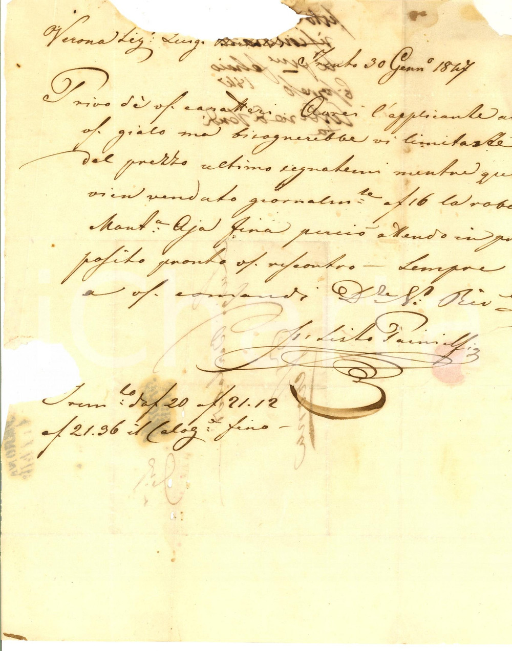 Manoscritto, lettera originale 1847 TRENTO Lettera di Sisto PAINI sul prezzo corrente dei cereali Prefilatelica 1