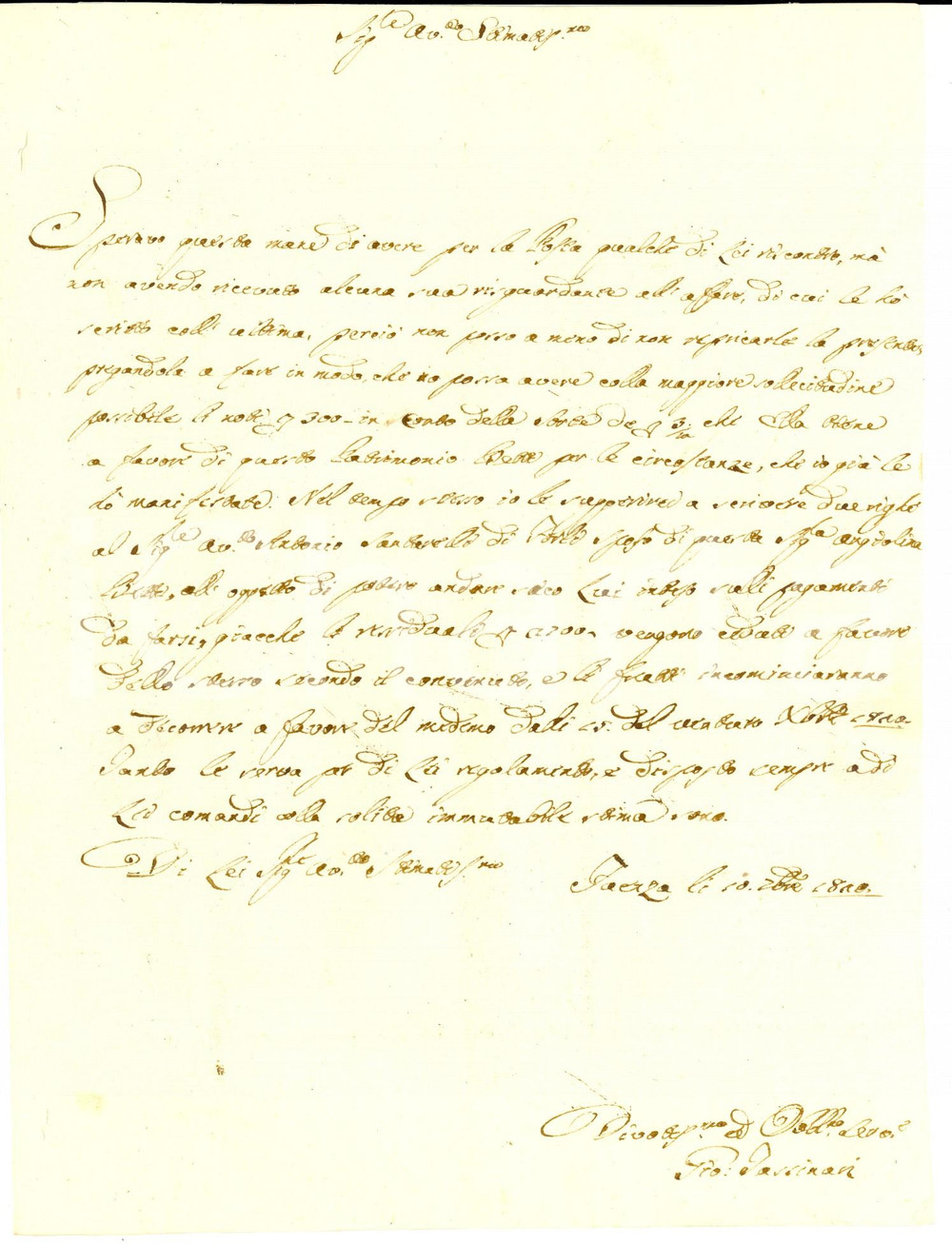 Manoscritto, lettera originale 1820 FAENZA Giovanni TASSINARI a Guido FABRI sul saldo alla famiglia BETTI 1