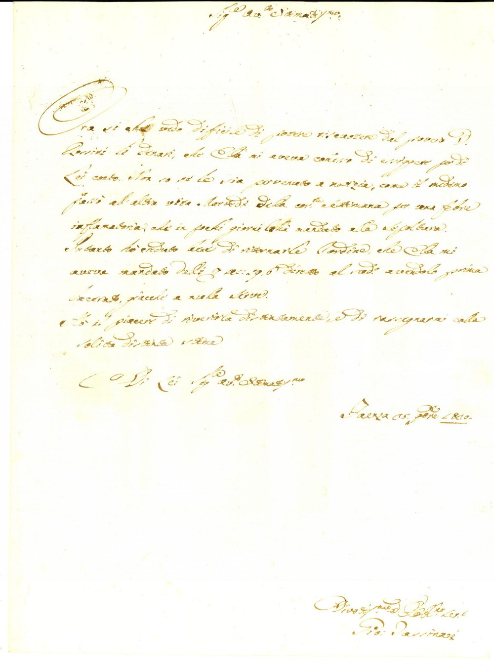 Manoscritto, lettera originale 1820 FAENZA Giovanni TASSINARI su don Antonio ROSSINI morto senza pagare 1
