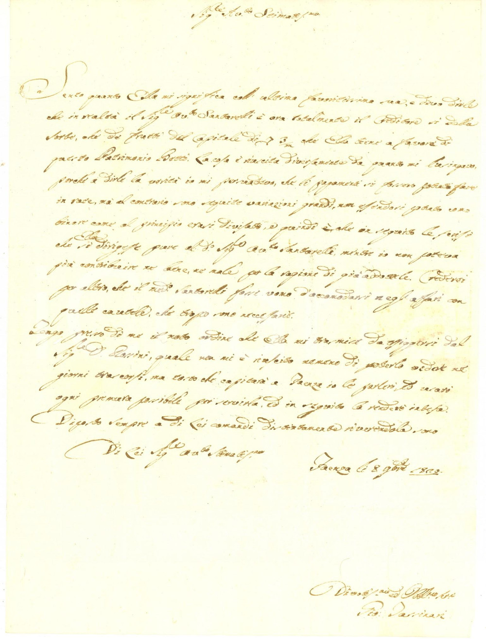 Manoscritto, lettera originale 1820 FAENZA Giovanni TASSINARI sull avv. SANTARELLI creditore di Guido FABRI 1