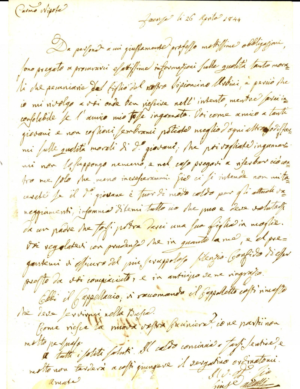 Manoscritto, lettera originale 1844 FAENZA Conte Giuseppe AZZALLI chiede notizie sul figlio di Scipione URBINI 1