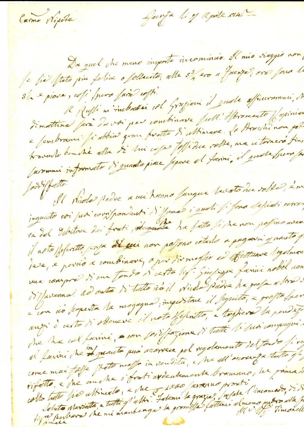 Manoscritto, lettera originale 1846 FAENZA Conte Giuseppe AZZALLI su agenti corrotti dal debitore dei frati 1