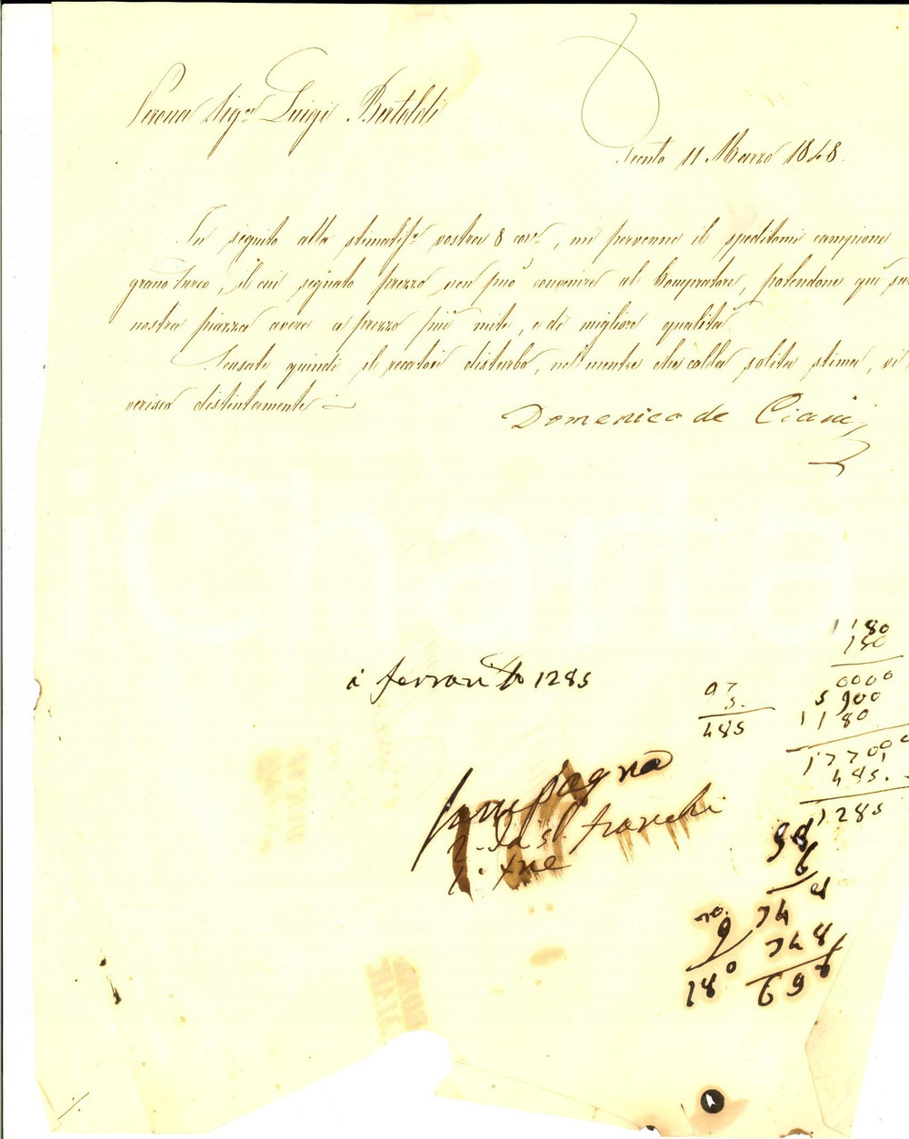 Manoscritto, lettera originale 1848 TRENTO Domenico DE CIANI rifiuta granoturco per prezzo troppo elevato 1