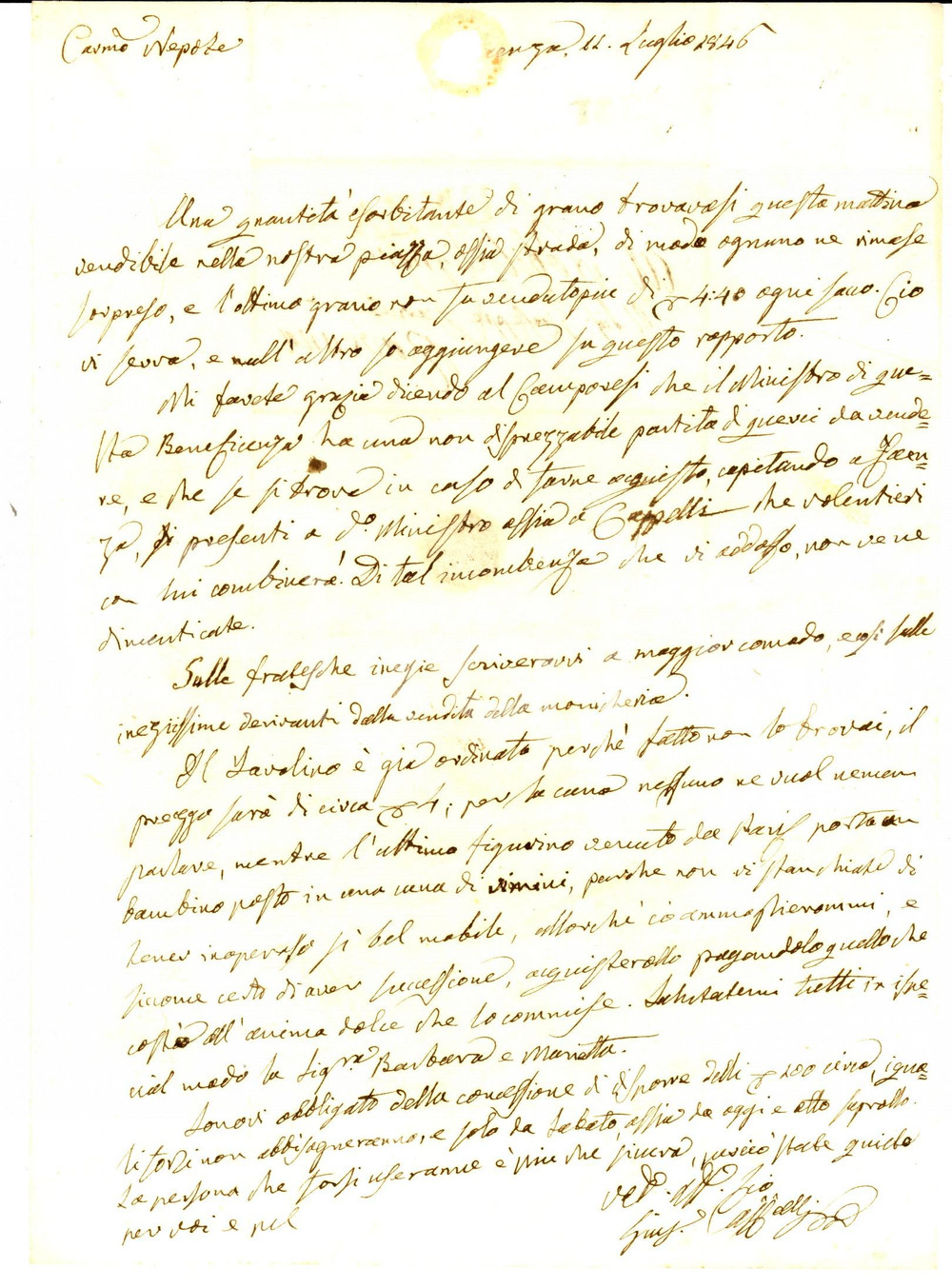 1844 FAENZA Giuseppe AZZALLI trova quantità esorbitante di grano sulla piazza