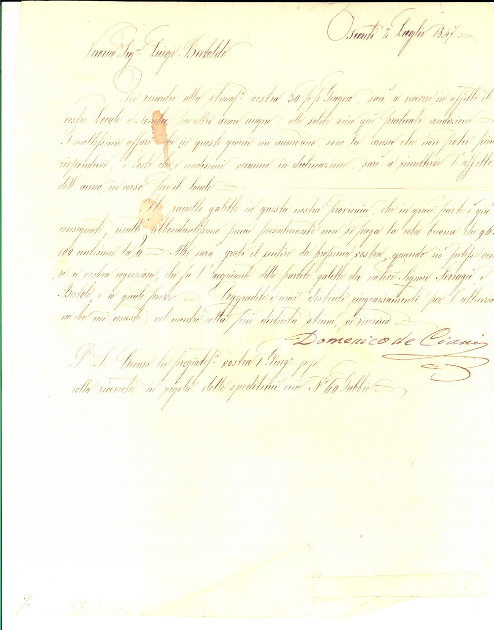 Manoscritto, lettera originale 1847 TRENTO Domenico DE CIANI e l abbondantissimo raccolto delle gallette 1