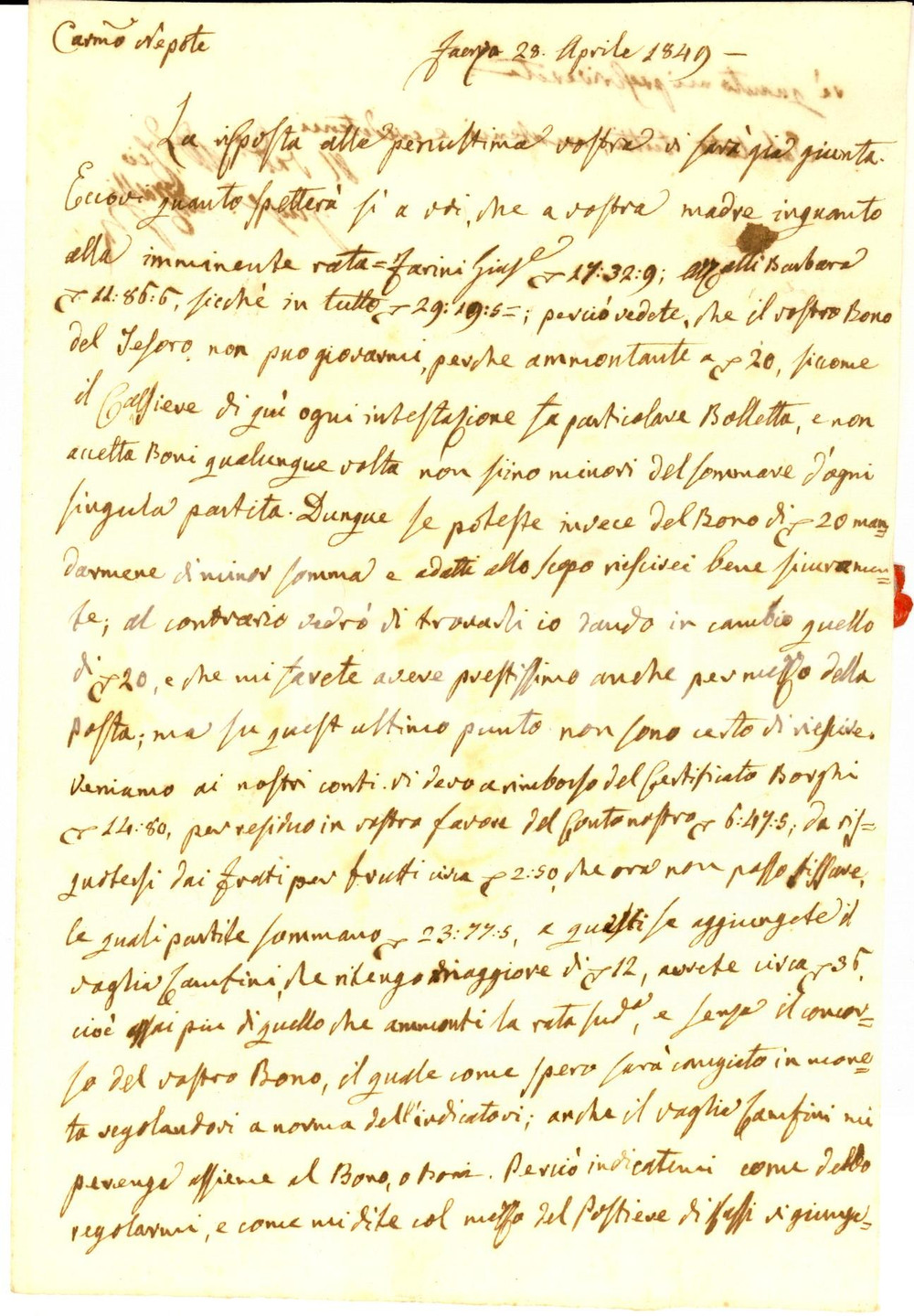 Manoscritto, lettera originale 1849 FAENZA Lettera nobile Giuseppe AZZALLI al nipote Giuseppe FARINI sui debiti 1