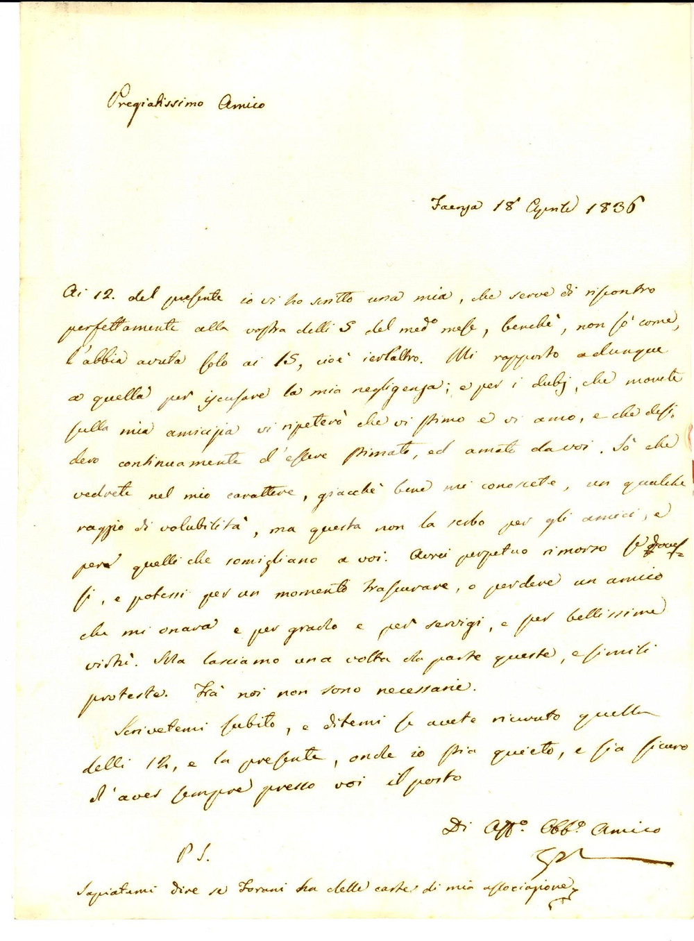 Manoscritto, lettera originale 1836 FAENZA RA La volubilità non la serbo per gli amici Giacomo BERARDI 1