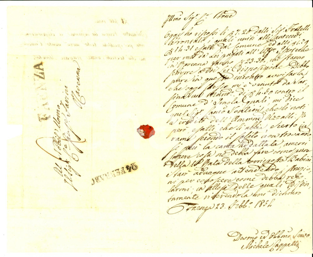 Manoscritto, lettera originale 1854 FAENZA Michele CAPPELLI riscuote saldo dai fratelli FRONTALI Prefilatelica 1