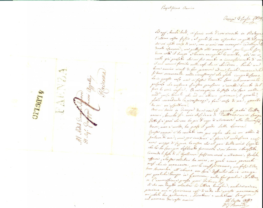 Manoscritto, lettera originale 1839 FAENZA RA Giacomo BERARDI annuncia il conseguimento della laurea 1