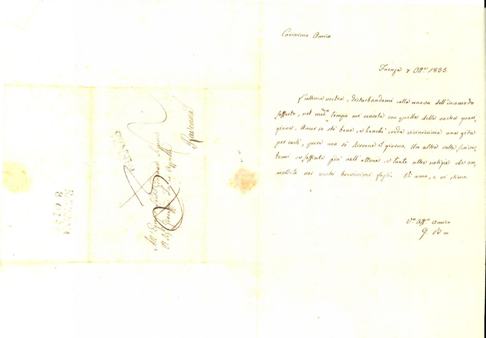 Manoscritto, lettera originale 1835 FAENZA Giacomo BERARDI lieto per la guarigione di un amico Prefilatelica 1