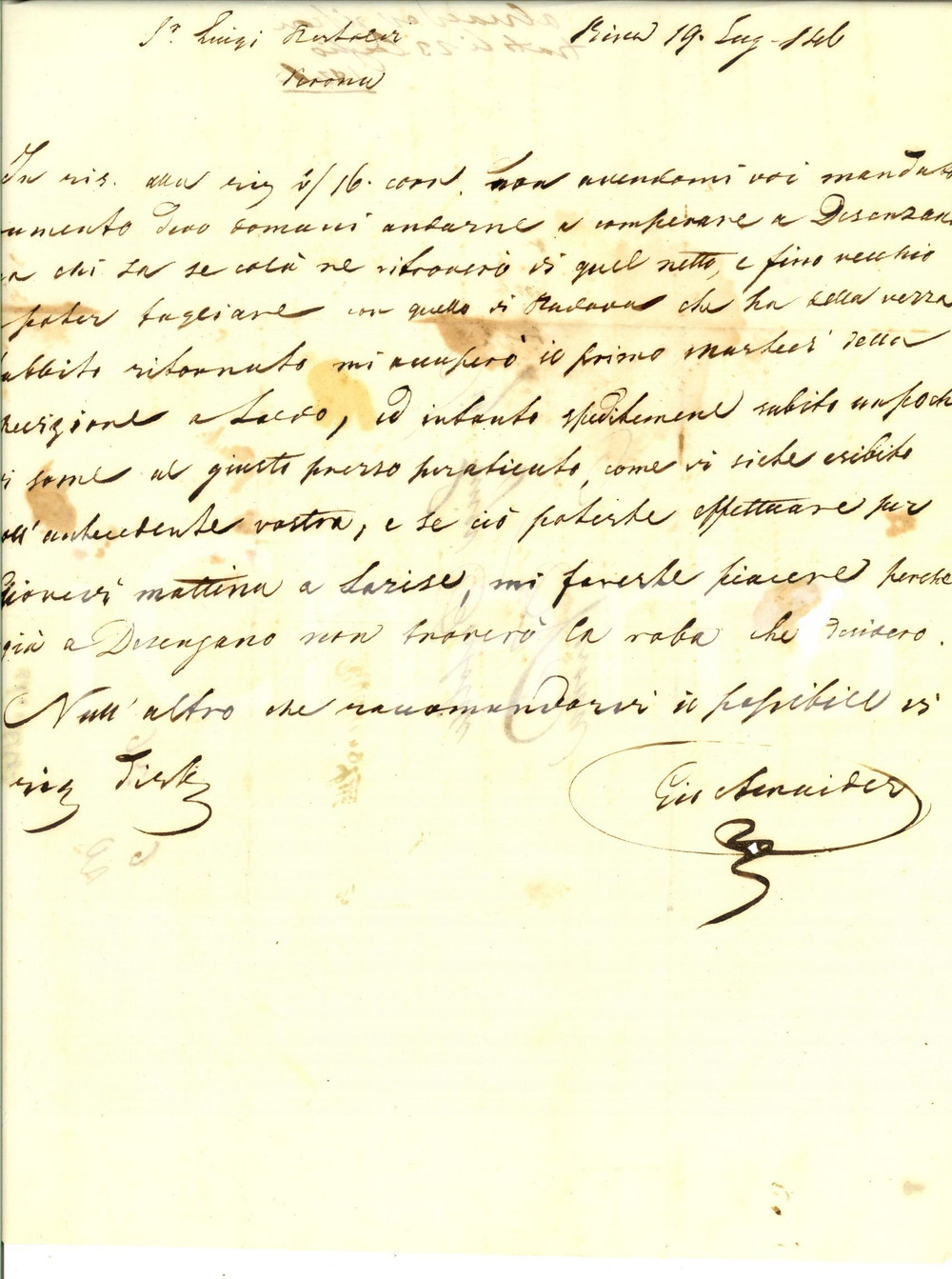 Manoscritto, lettera originale 1846 RIVA DEL GARDA Giovanni ALNAIDER va a Desenzano per acquisto di frumento 1