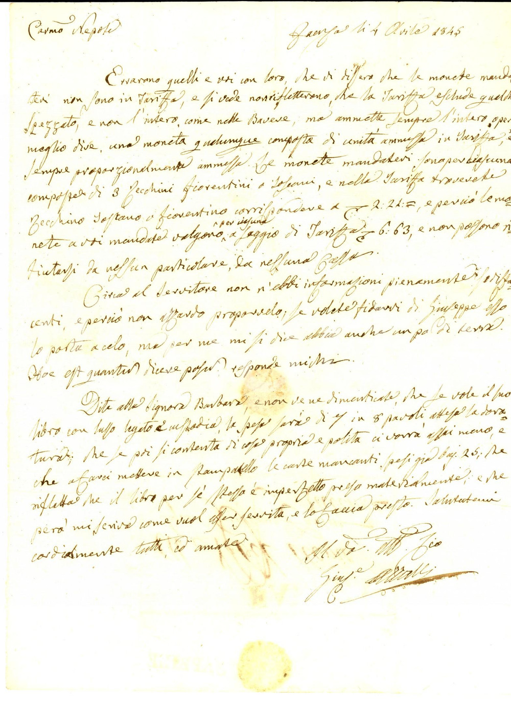 Manoscritto, lettera originale 1845 FAENZA Conte Giuseppe AZZALLI sul cambio delle monete Prefilatelica 1