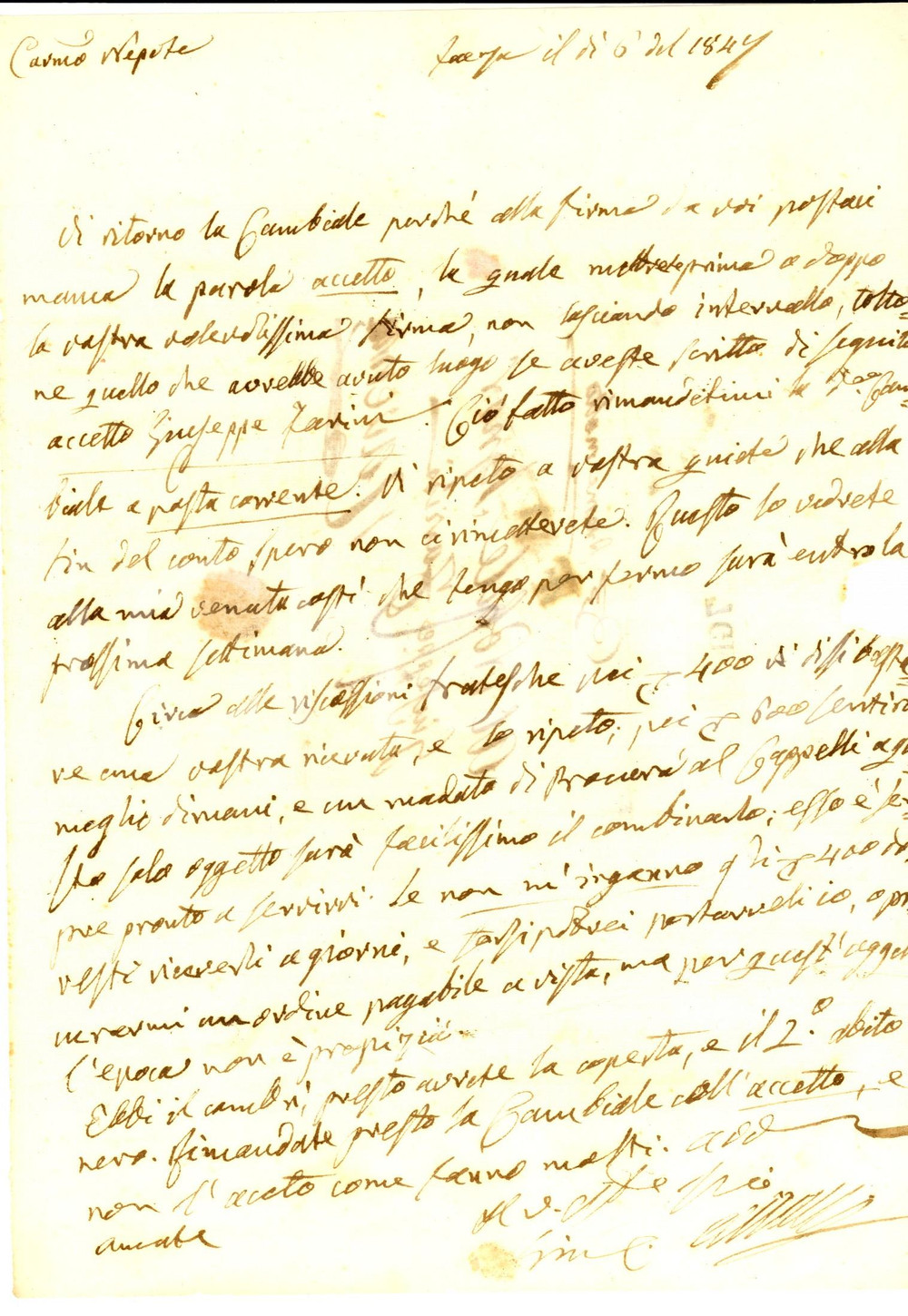 Manoscritto, lettera originale 1847 FAENZA Conte Giuseppe AZZALLI al nipote sulle riscossioni fratesche 1