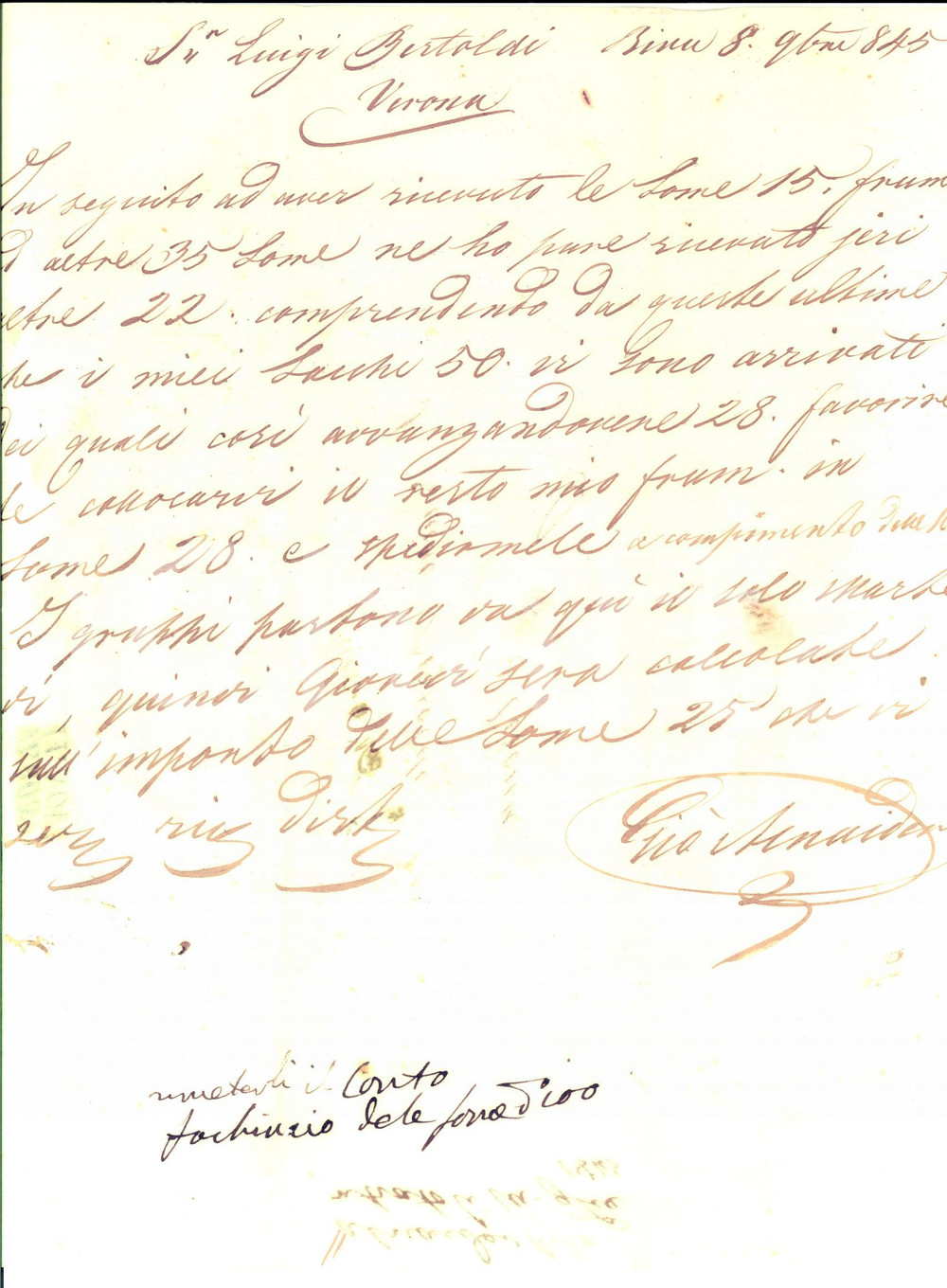 Manoscritto, lettera originale 1845 RIVA DEL GARDA Giovanni ALNAIDER su spedizione frumento Prefilatelica 1
