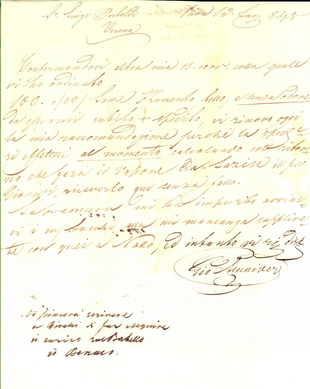 Manoscritto, lettera originale 1845 RIVA DEL GARDA Giovanni ALNAIDER ordina frumento senza odore Prefilatelica 1