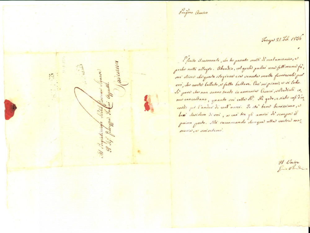 Manoscritto, lettera originale 1836 FAENZA RA Un Carnevale per poche notti allegro Giacomo BERARDI 1