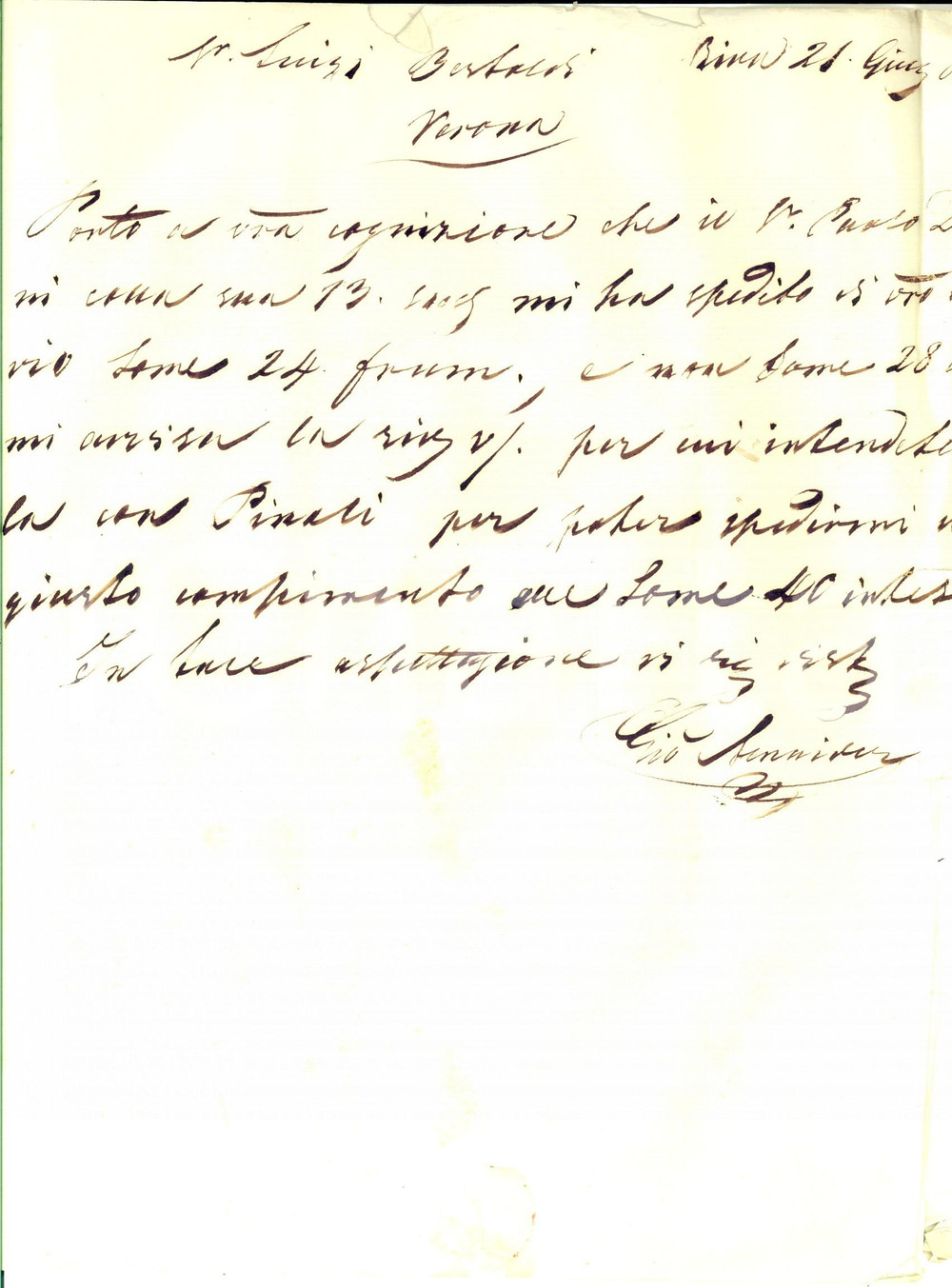 Manoscritto, lettera originale 1846 RIVA DEL GARDA TN Giovanni ALNAIDER su spedizione di some di frumento 1