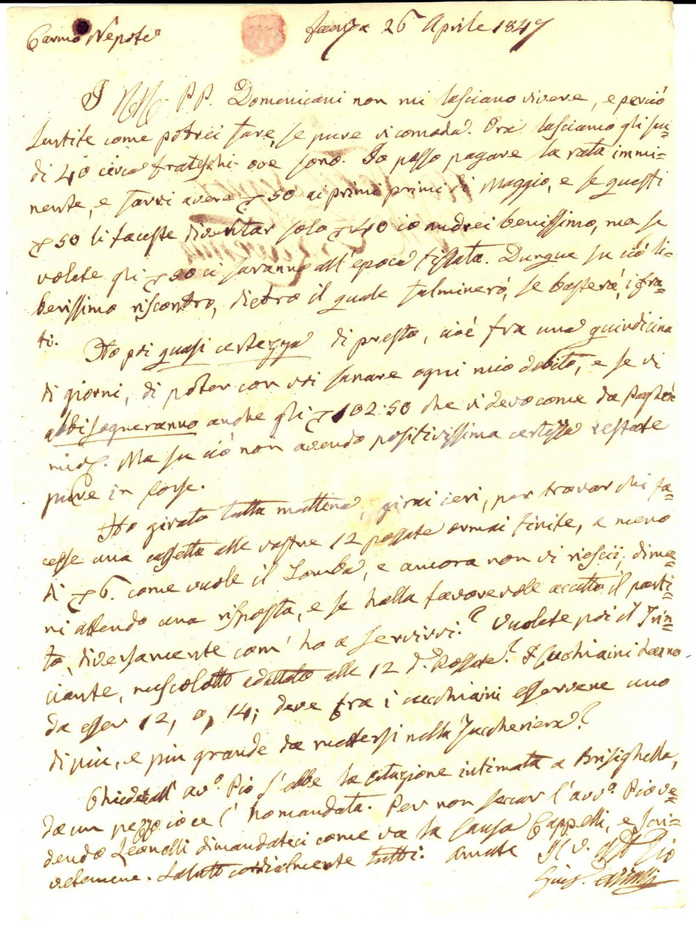Manoscritto, lettera originale 1847 FAENZA I padri domenicani non mi lasciano vivere Conte Giuseppe AZZALLI 1