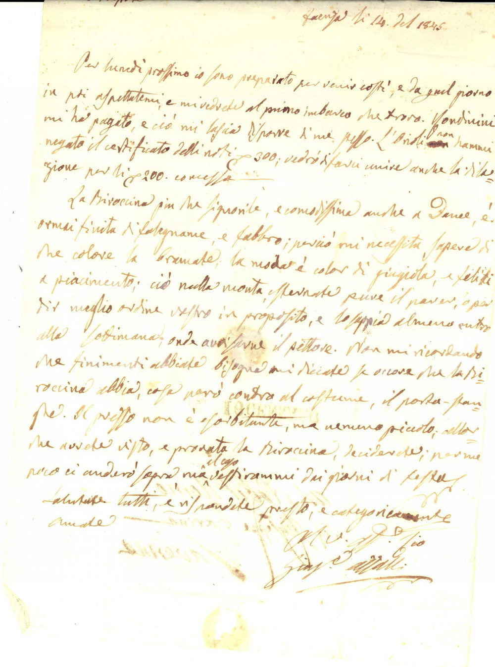 Manoscritto, lettera originale 1845 FAENZA Conte Giuseppe AZZALLI sulla nuova biroccina color giuggiola 1