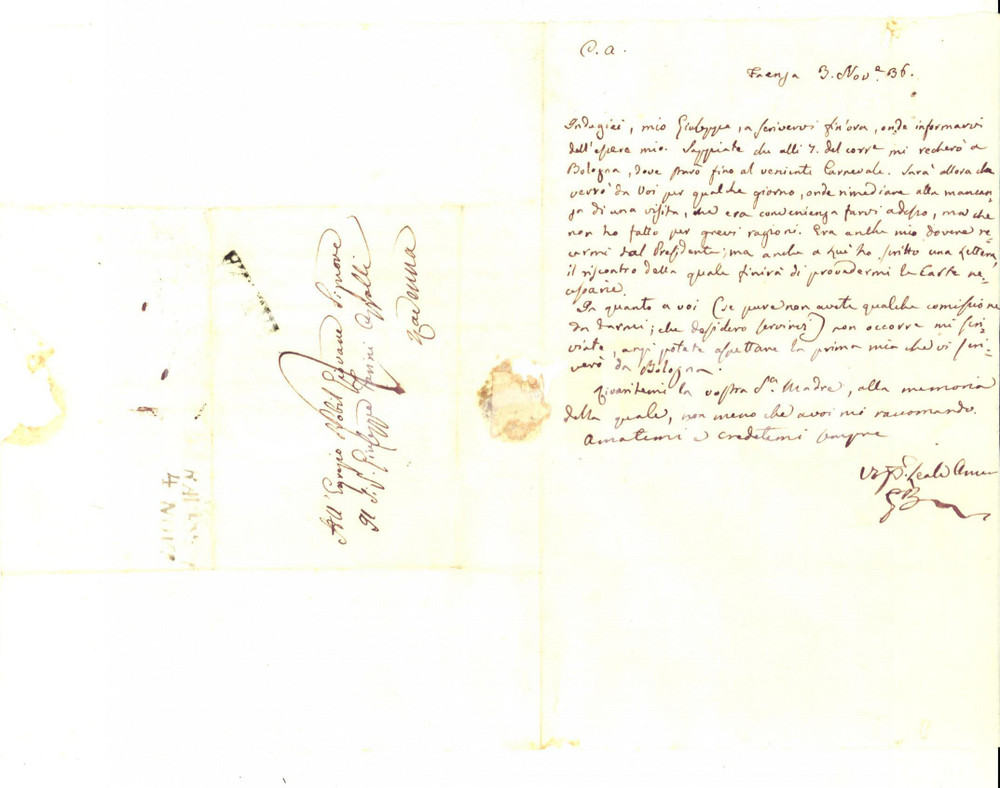 Manoscritto, lettera originale 1836 FAENZA RA Giacomo BERARDI annuncia visita all amico FARINI AZZALLI 1