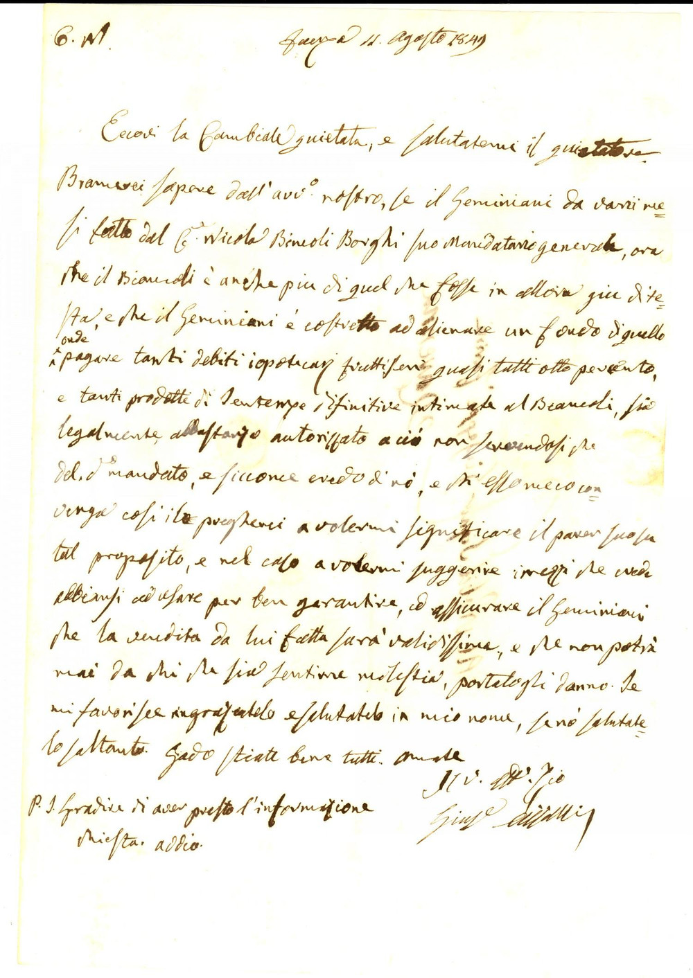Manoscritto, lettera originale 1849 FAENZA Conte Giuseppe AZZALLI su GEMINIANI che vende per pagare i debiti 1
