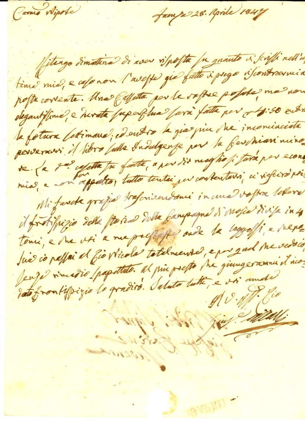 Manoscritto, lettera originale 1847 FAENZA Conte Giuseppe AZZALLI promette una cassetta nuova per le posate 1