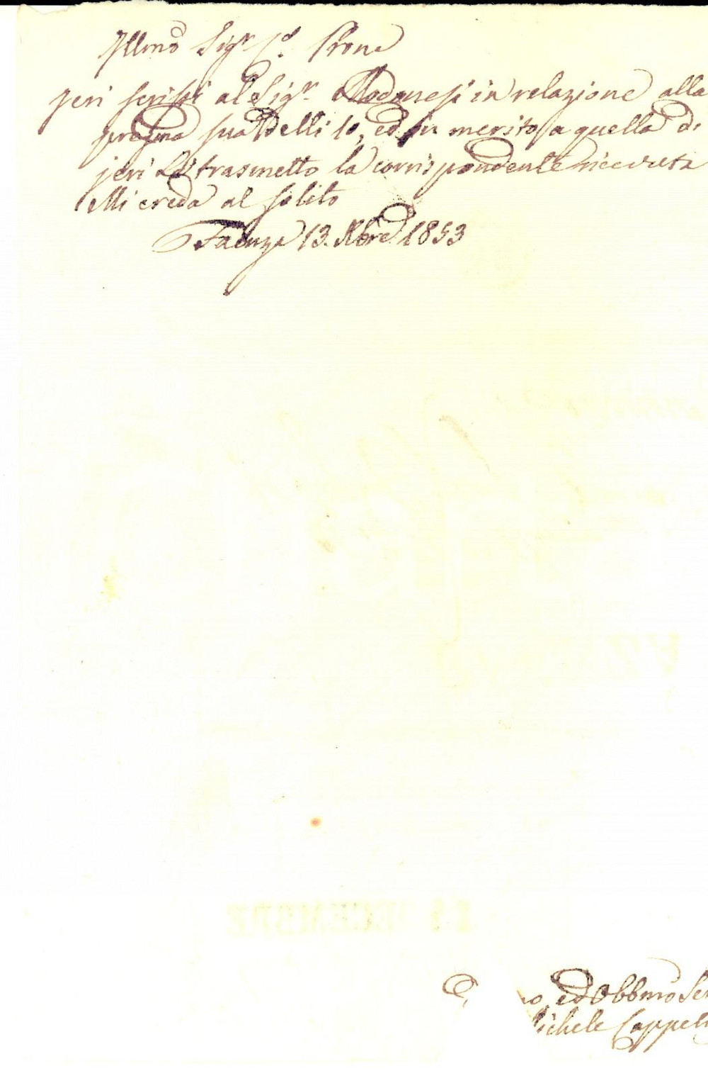 Manoscritto, lettera originale 1853 FAENZA Michele CAPPELLI invia ricevuta al conte Giuseppe FARINI 1